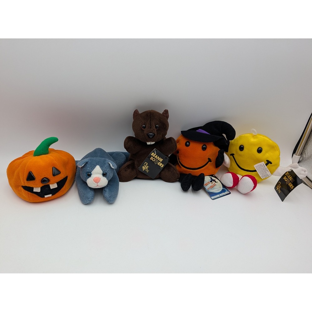 The 24K Company Beanie Boppers Plush Lot Halloween Pumpkin Cat Smile Face Beaver